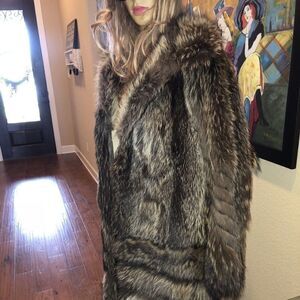 Fashionable Designed Long Raccoon with Suede Coat‎